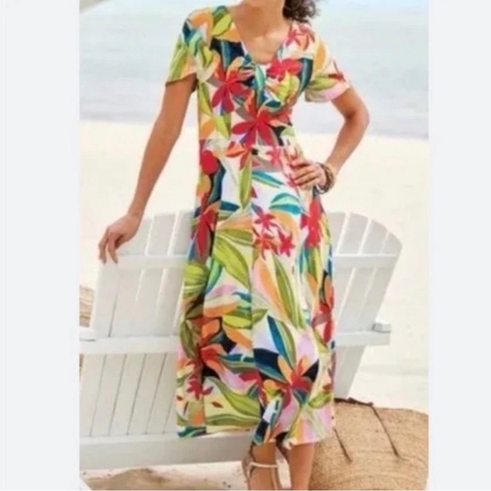 Soft Surroundings Tahitian Midi Dress Vibrant Geometric Tropical Floral Size M